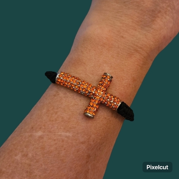 Private Label Jewelry - 3/$30 Orange Paved Rhinestone Cross Macrame Adjustable Slide Bracelet